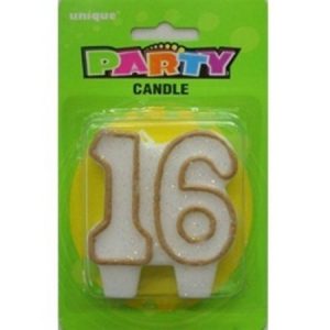 Numeral 16 Glitter Candle Gold M34035