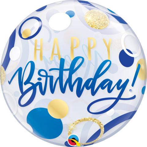 Happy Birthday Blue & Gold Dots 22 inch (56 cm) Bubble Balloon Q87748