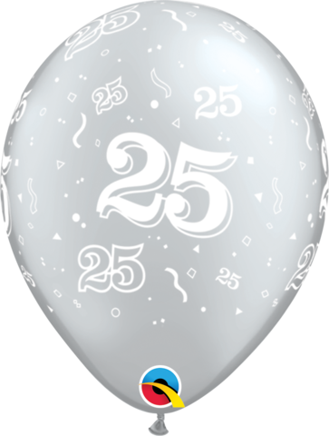 Silver Number 25 A-Round 11 inch (28 cm) Latex Balloon Q37102
