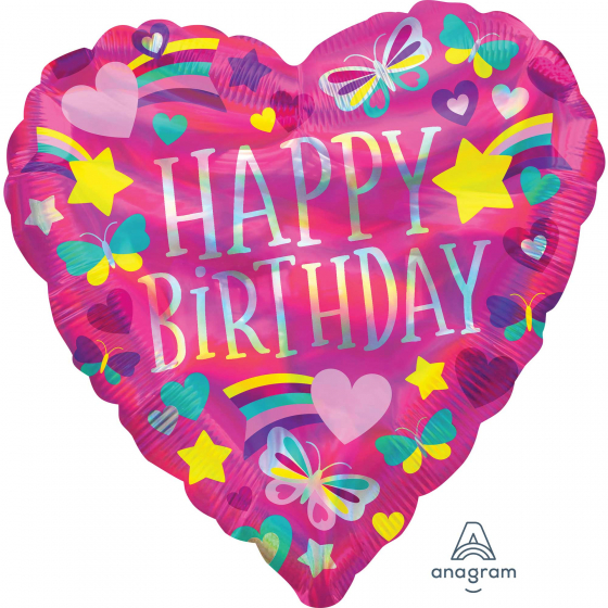 Holographic Iridescent Happy Birthday Rainbow & Hearts 18 inch (45 cm) Foil Balloon ANA41319